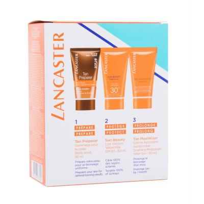 Lancaster Your Legendary Golden Tan Set cadou peeling de corp Tan Preparer Body Scrub 50 ml + loțiune pentru bronzare Sun Beauty Sublime Tan Velvet Milk SPF 30 50 ml +  loțiune de corp după bronzare Tan Maximizer Soothing Moisturizer After Sun 50 ml