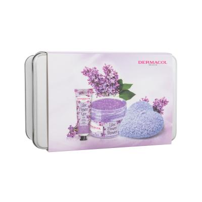 Dermacol Lilac Flower Shower Body Scrub Set cadou Exfoliant de corp Lilac Flower Shower 200 g + cremă de mâini Lilac Flower Care 30 ml + lumânare parfumată + cutie de metal