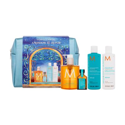 Moroccanoil A Window To Repair Set cadou Șampon Moisture Repair Shampoo 250 ml + balsam Moisture Repair Conditioner 250 ml + săpun de mâini Hand Wash 360 ml + ulei de păr Treatment 25 ml + geantă cosmetică