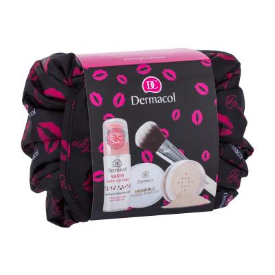 Dermacol Satin Set cadou bază de machiaj 30 ml + pudra de fixare invizibilă 13 g Light + Master periuta cosmetică 1 buc + geantă cosmetică Ambalaj deteriorat