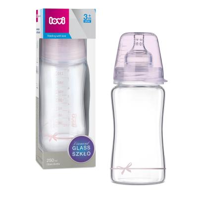 LOVI Baby Shower Glass Bottle Pink 3m+ Biberoane pentru copii 250 ml