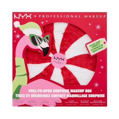 NYX Professional Makeup Fa La La L.A. Land Pull-To-Open Surprise Makeup Box Set cadou Luciu de buze 5 buc + ruj de buze 3 buc + fard de obraz 1 buc + ulei de buze 1 buc + iluminator 1 buc + paletă de farduri de ochi + burete de machiaj 1 buc + pilă de unghii 1 buc