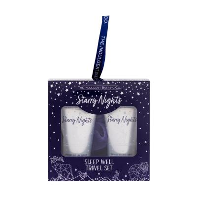The Indulgent Bathing Co. Starry Nights Sleep Well Travel Set Set cadou Loțiune de corp Lavender And Lime Flower Body Lotion 50 ml + gel de duș Lavender & Lime Flower Body Wash 50 ml + burete de baie Luxury Shower Puff 1 buc.