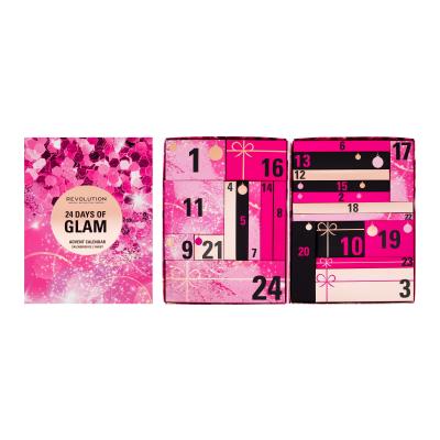 Makeup Revolution London 24 Days Of Glam Advent Calendar Set cadou Creion de buze 2 buc + creion de sprancene 1 buc + gel de sprancene 1 buc + baza pentru machiaj 1 buc + ruj de buze 4 buc + luciu de buze 1 buc + ulei de buze 1 buc + fard de pleoape 3 buc + pudra 2 buc + fard de obraz 2 buc + ilumin