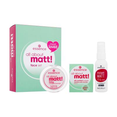 Essence All About Matt! Face Set Set cadou Pudra compactă de fixare Totul despre Matt! Fixing Compact Powder 8 g + spray fixator Instant Matt Make-Up Setting Spray 50 ml + servetele matifiante All About Matt! Oil Control Paper 50 buc