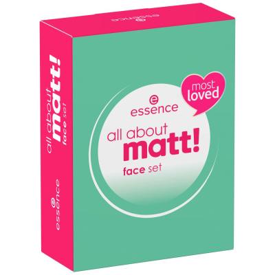 Essence All About Matt! Face Set Set cadou Pudra compactă de fixare Totul despre Matt! Fixing Compact Powder 8 g + spray fixator Instant Matt Make-Up Setting Spray 50 ml + servetele matifiante All About Matt! Oil Control Paper 50 buc