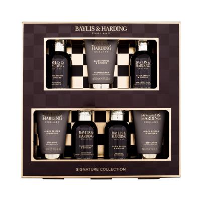 Baylis & Harding For Him Black Pepper & Ginseng Signature Collection Set cadou Gel de duș 2 x 100 ml + șampon 100 ml + gel de duș pentru corp și păr 100 ml + balsam după ras 50 ml + gel de curățare pentru față 50 ml + loțiune de corp 50 ml