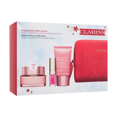Clarins Multi-Active Collection Set cadou Cremă de față de zi Multi-Active Day Cream 50 ml + cremă de față de noapte Multi-Active Nuit Cream 15 ml + luciu de buze Lip Comfort Oil 1,4 ml 04 Pitaya + ser pentru față Double Serum 0,9 ml + trusă cosmetică