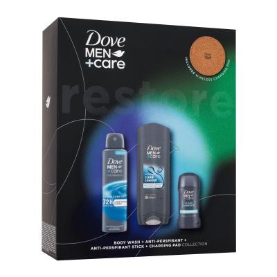 Dove Men + Care Clean Comfort Set cadou Gel de duș Men Care Clean Comfort 250 ml + antiperspirant spray Men Care Clean Comfort 72H 150 ml + antiperspirant solid Men Care Clean Comfort 48H 50 ml + suport de încărcare wireless