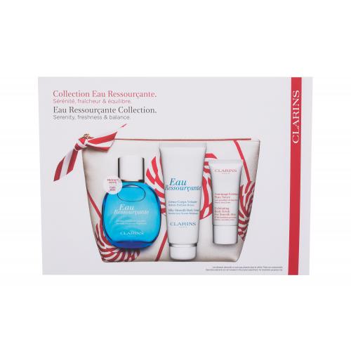 Clarins Eau Ressourcante set cadou spray racoritor 100 ml + Cremă de corp Eau Ressourcante 100 ml + Exfoliant pentru corp 30 ml + geanta cosmetica