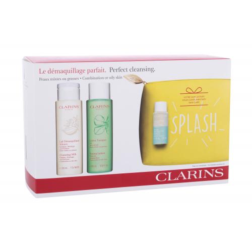 Clarins Cleansing Milk With Gentian set cadou lapte demachiant 200 ml + apă de curățare 200 ml + demachiant pentru ochi 30 ml + geantă cosmetică