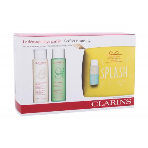 Clarins Cleansing Milk With Gentian set cadou lapte demachiant 200 ml + apă de curățare 200 ml + demachiant pentru ochi 30 ml + geantă cosmetică