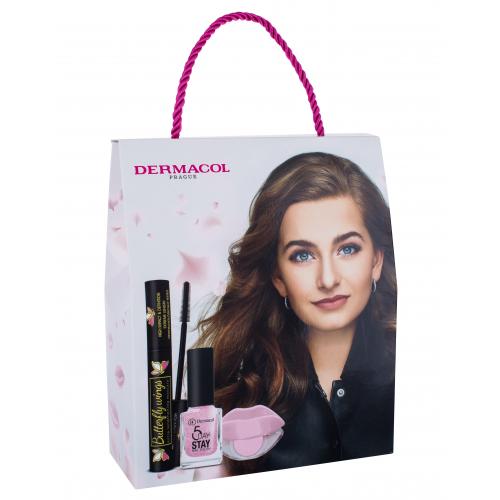 Dermacol Butterfly Wings set cadou Mascara 12 ml + lac de unghii 5 zile Stay 11 ml  Princess Rule + machiaj multifuncțional 1,15 g 02 W Black