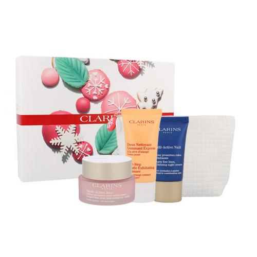 Clarins Multi-Active set cadou crema de zi 50 ml + crema de noapte 15 ml + exfoliant One Step Gentle Exfoliating Cleanser 30 ml + geanta cosmetica