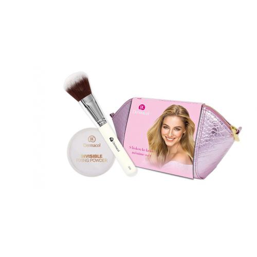 Dermacol Invisible Fixing Powder set cadou Pudra fixanta transparenta 13 g + Pensula D55 1 buc + Borseta cosmetice pentru femei Light