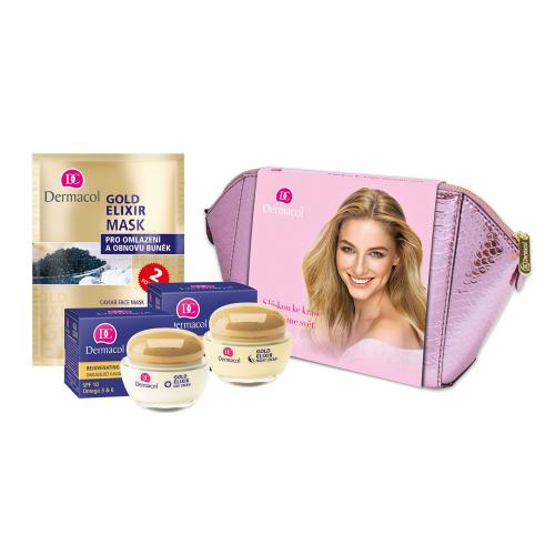 Dermacol Gold Elixir set cadou cremă de zi SPF10 50 ml + crema de noapte 50 ml + mască faciala 2 x 8 g + geantă cosmetică pentru femei