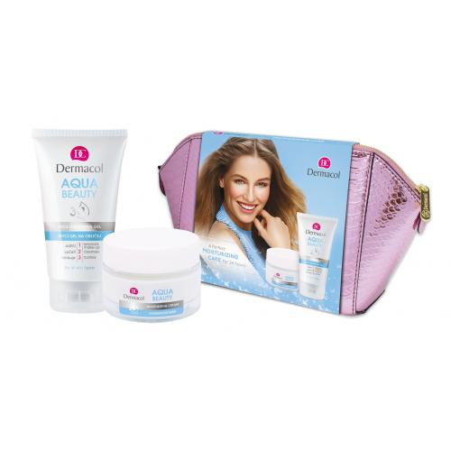 Dermacol Aqua Beauty set cadou Crema de zi 50 ml + gel demachiant3 en 1 150 ml + Geanta cosmetica pentru femei