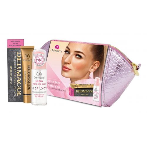 Dermacol Satin set cadou Baza de machiaj 30 ml + Fond de ten Cover SPF30 30 g 207 + Borseta cosmetice pentru femei