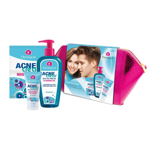 Dermacol AcneClear Cleansing Gel set cadou demachiant 200 ml + cremă hidratantă 50 ml + mască de față 2 x 8 g + geantă cosmetică pentru femei
