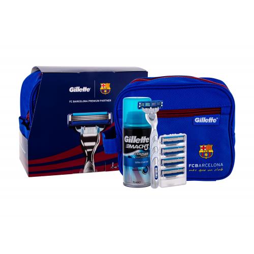 Gillette Mach3 Turbo FC Barcelona set cadou Aparat de ras 1 buc + Rezerve 4 pcs + Gel de barbierit Extra Comfort 75 ml + Borseta cosmetice M