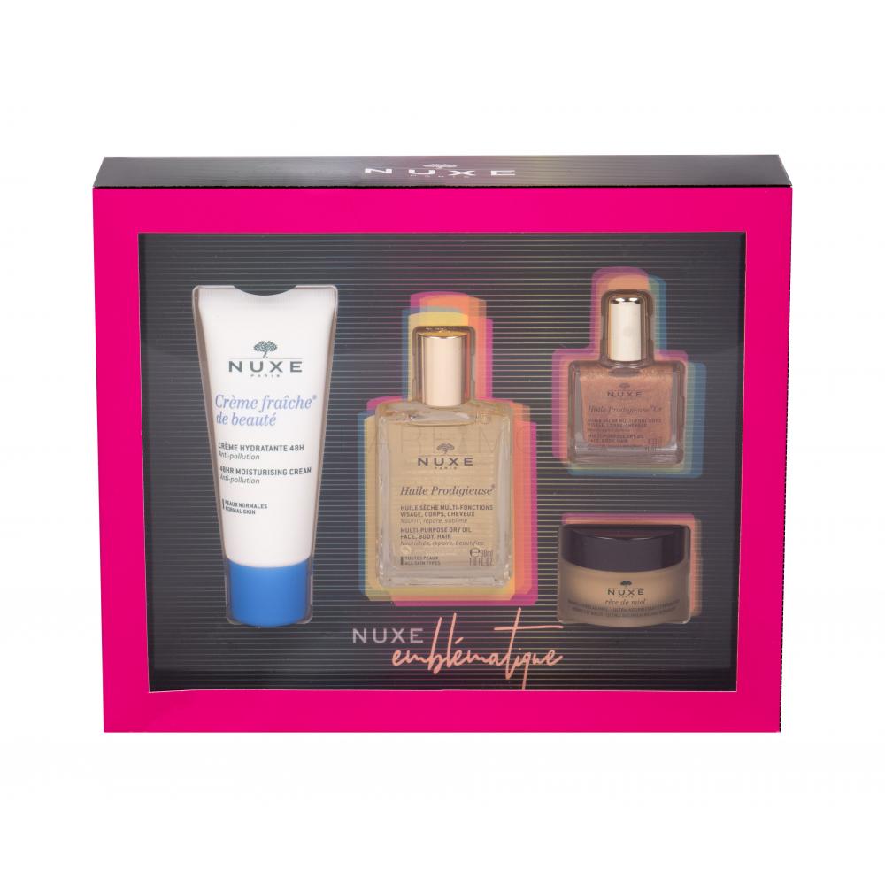NUXE Emblématique Set cadou ulei uscat Huile Prodigieuse 30 ml + ulei uscat Huile Prodigieuse Sau 10 ml + cremă de zi Creme Fraiche de Beauté 30 ml + balsam Reve de Miel 15 g