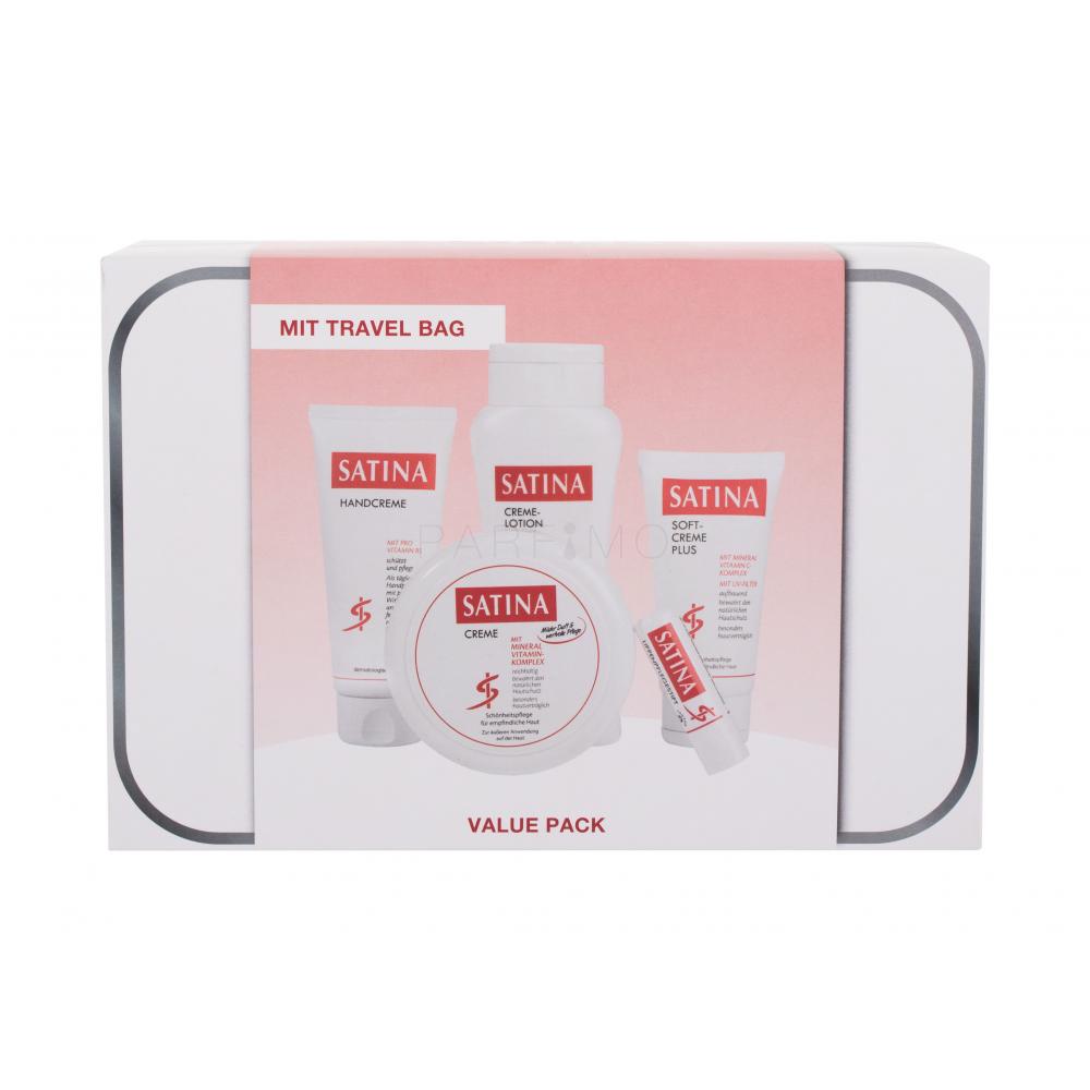 Satina Cream Set cadou cremă de corp Cremă 150 ml + loțiune de corp Cremă de loțiune 200 ml + Cremă de mâini 100 ml + cremă de ten Soft Cream Plus 75 ml + balsam de buze Lip Care Stick 4,8 g + geantă cosmetică