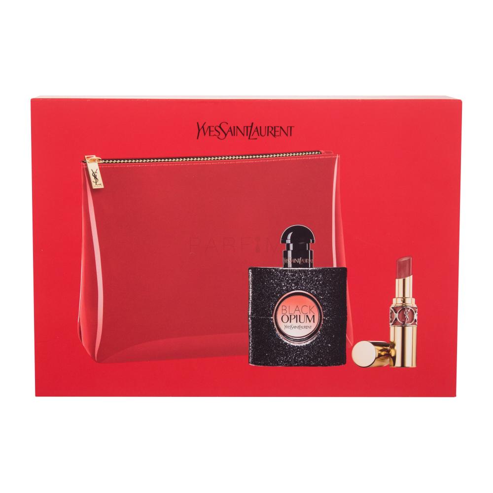 Exclusiv laudă rugăciune  Yves Saint Laurent Black Opium Set cadou apă de parfum 50 ml + Ruj Volupté  Shine ruj 3,2 g No 86 + geantă cosmetică | Parfimo.ro