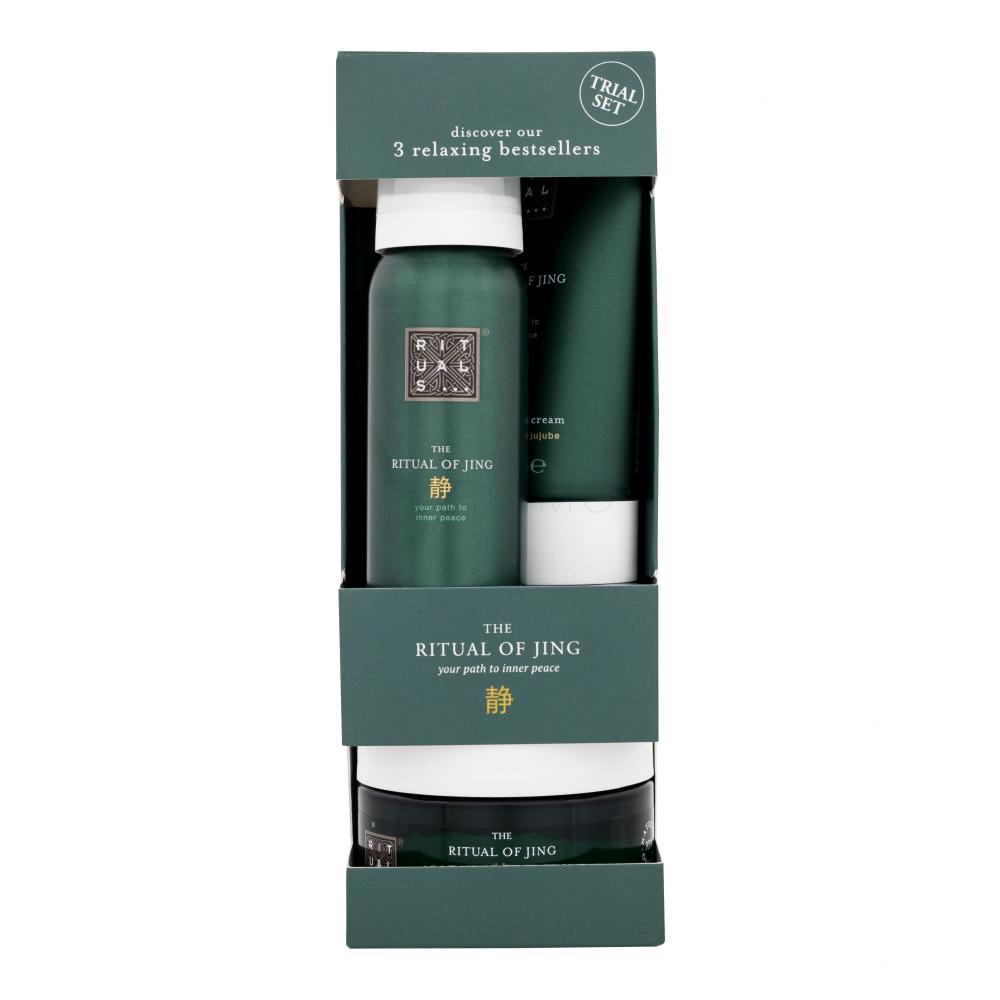 Rituals The Ritual Of Jing 3 Relaxing Bestsellers Set cadou Cremă de corp The Ritual Of Jing 70 ml + spumă de duș The Ritual Of Jing 50 ml + exfoliant de corp The Ritual Of Jing 125 g