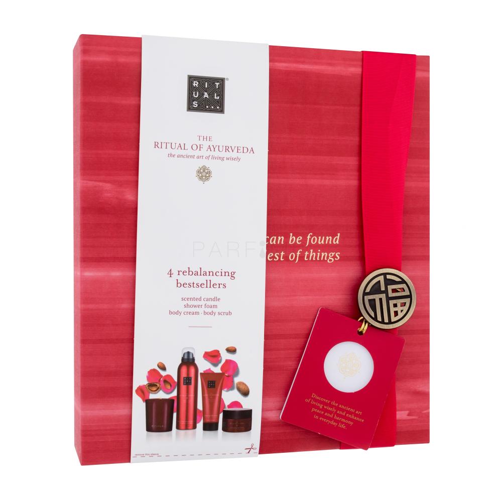 Rituals The Ritual Of Ayurveda 4 Bestsellers Set cadou Spumă de duș The Ritual Of Ayurveda 200 ml + loțiune de corp The Ritual Of Ayurveda 100 ml + exfoliant de corp The Ritual Of Ayurveda 125 g + lumânare parfumată Cutie cu defect