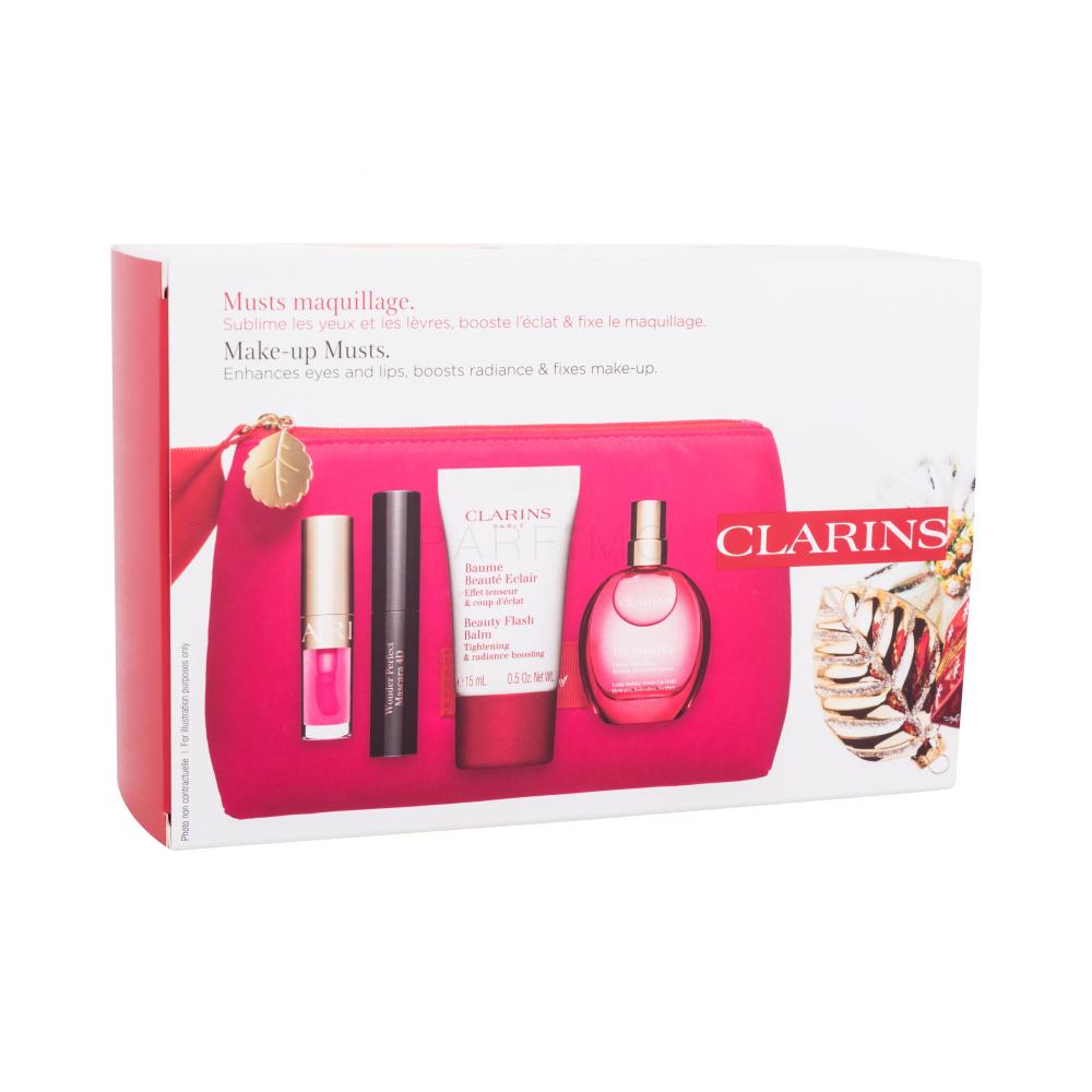 Clarins Make-up Musts Set cadou Mascara Wonder Perfect Mascara 4D 3 ml + ulei de buze Lip Comfort Oil 1,4 ml 04 Pitaya + spray fixator Fix Make-Up 15 ml + cremă de față Beauty Flash Balm 15 ml + geantă cosmetică