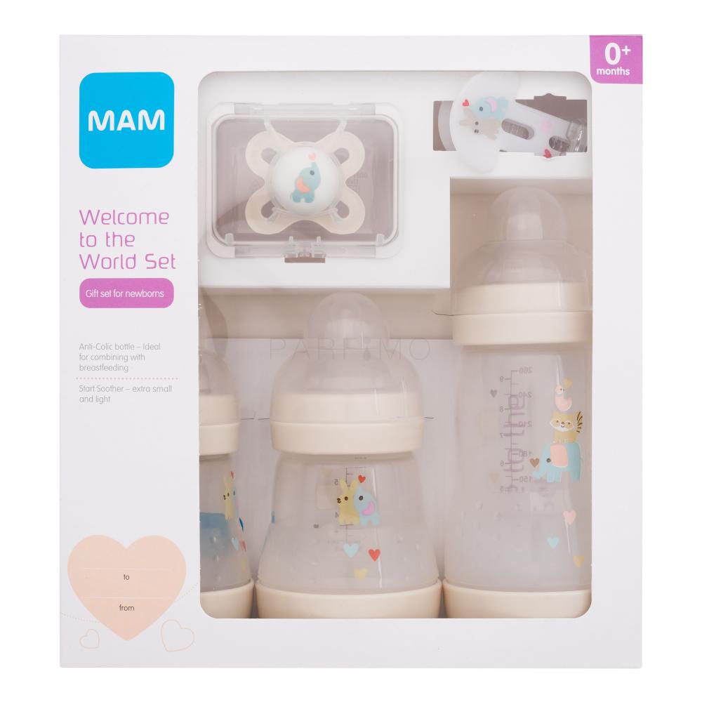 MAM Welcome To The World Set 0m+ Beige Set cadou Biberon Anti-Colic 160 ml 2 buc + biberon Anti-Colic 260 ml 1 buc + suzetă Start 1 buc + clips pentru suzetă 1 buc