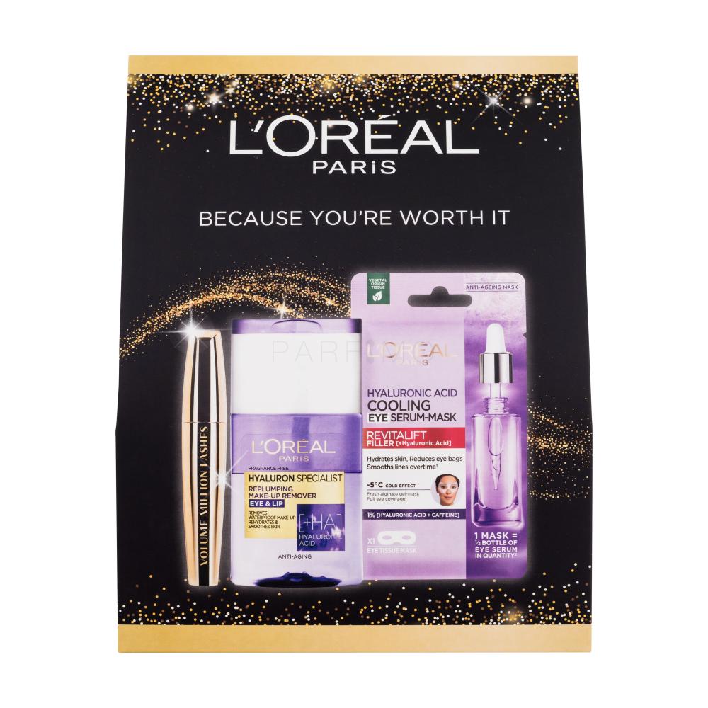 L'Oréal Paris Volume Million Lashes Set cadou mascara Volume Million Lashes 10,5 ml + demachiant Hyaluron Specialist Replumping Make-up Remover 125 ml + masca ser de ochi Revitalift Filler HA Cooling Tissue Eye Serum-Mask 11 g