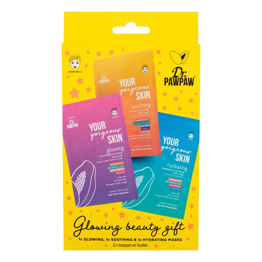 Dr. PAWPAW Glowing Beauty Gift Set cadou Masca de fata Your Gorgeous Skin Glowing Glowing Sheet Mask 25 ml + masca de fata Your Gorgeous Skin Hydrating Sheet Mask 25 ml + masca de fata Your Gorgeous Skin Soothing Sheet Mask 25 ml