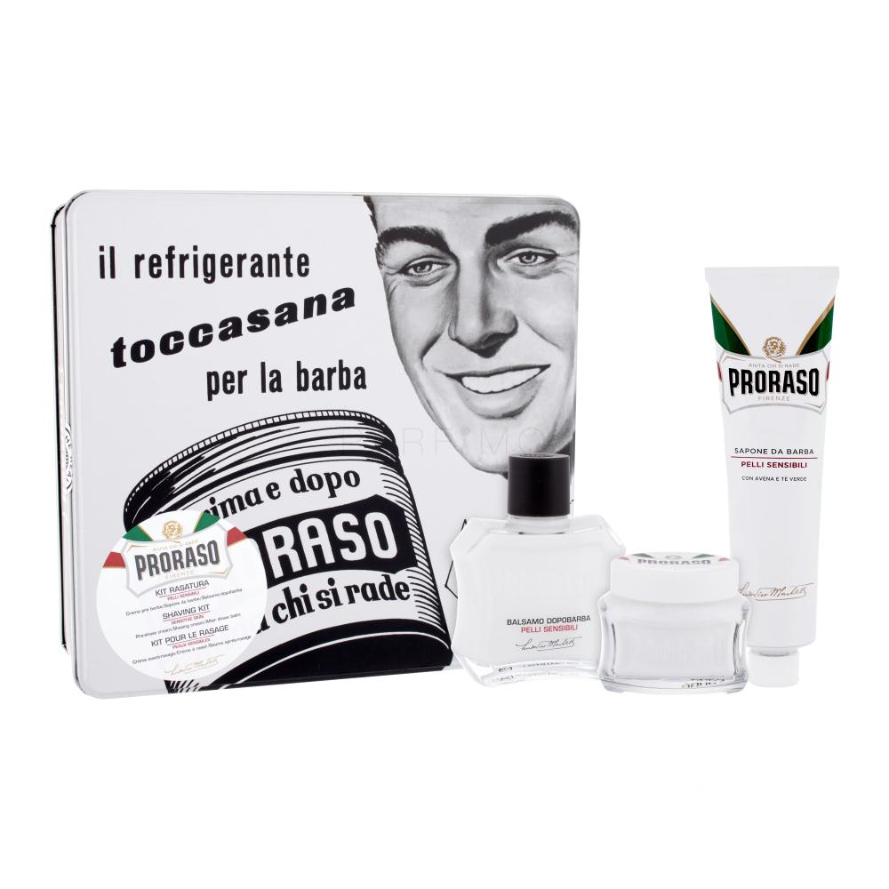 PRORASO White Set cadou balsam după bărbierit White 100 ml + cremă inainte de barbierit White 100 ml + cremă de ras White 150 ml + cutie de metal Cutie cu defect