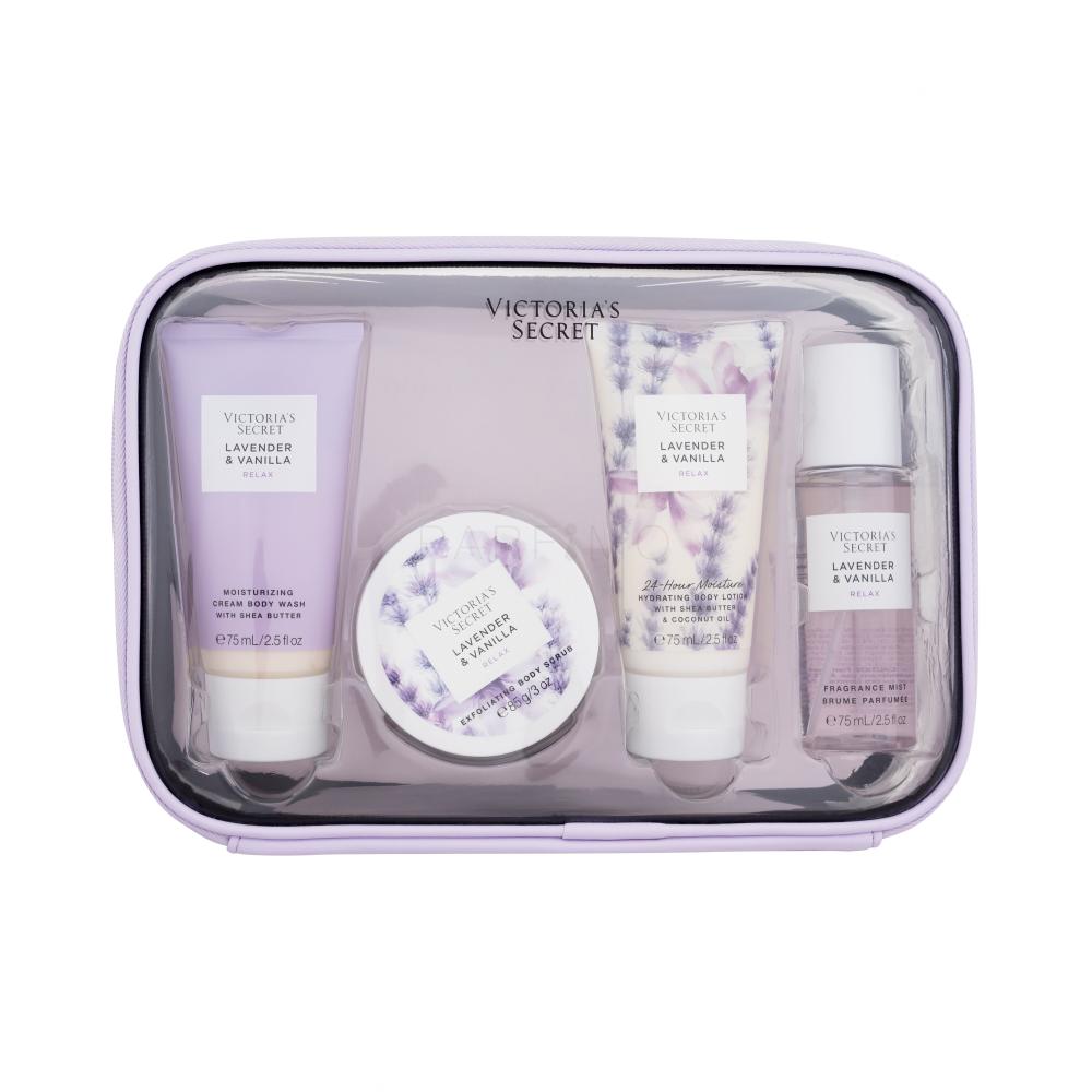 Victoria´s Secret Levender & Vanilla Relax Set cadou Spray de corp 75 ml + loțiune de corp 75 ml + exfoliant de corp 85 g + cremă de duș 75 ml