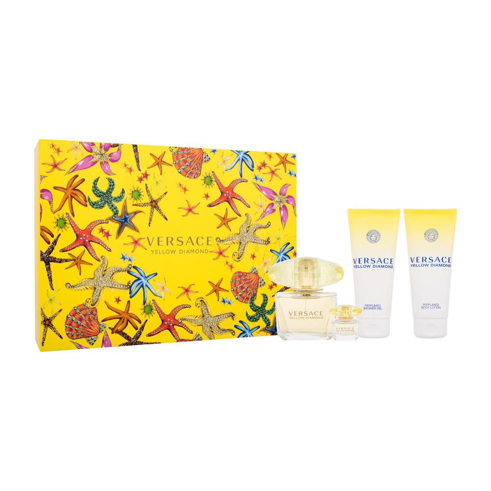 Versace Yellow Diamond Set cadou Apă de toaletă 90 ml + apă de toaletă 5 ml + gel de duș 100 ml + loțiune de corp 100 ml Cutie cu defect