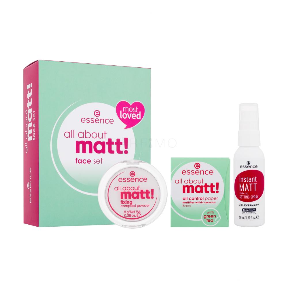 Essence All About Matt! Face Set Set cadou Pudra compactă de fixare Totul despre Matt! Fixing Compact Powder 8 g + spray fixator Instant Matt Make-Up Setting Spray 50 ml + servetele matifiante All About Matt! Oil Control Paper 50 buc