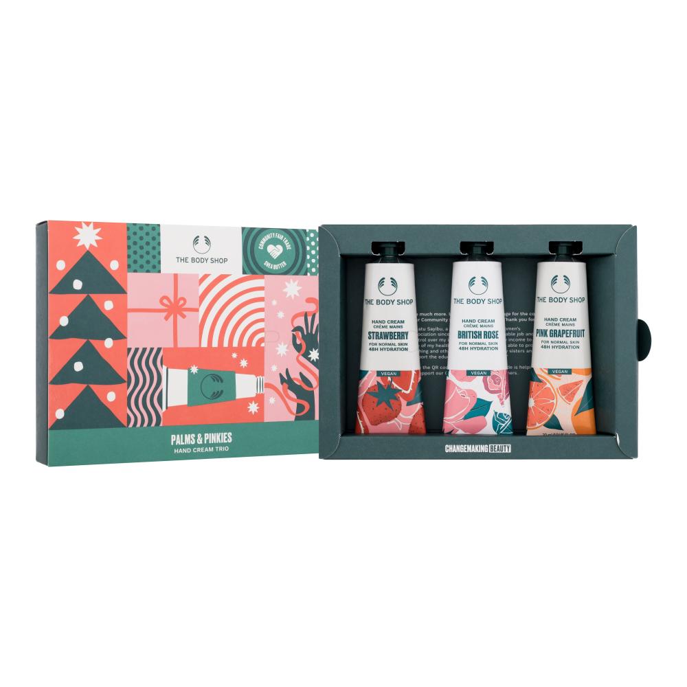 The Body Shop Palms & Pinkies Hand Cream Trio Set cadou Cremă de mâini Strawberry 30ml + cremă de mâini British Rose 30ml + cremă de mâini Pink Grapefruit 30ml