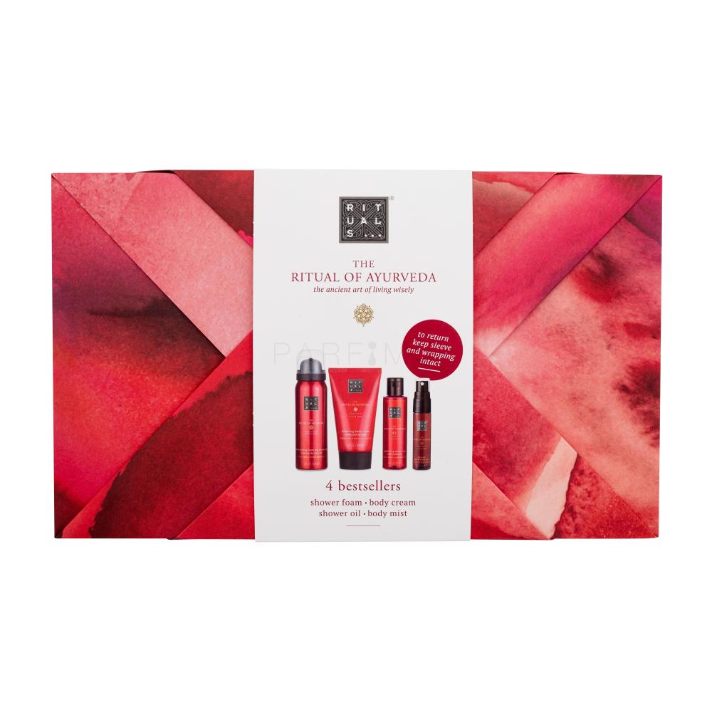 Rituals The Ritual Of Ayurveda 4 Bestsellers Set cadou Crema de corp The Ritual Of Ayurveda Balancing Body Cream 70 ml + spuma de dus The Ritual Of Ayurveda Harmonizing Foaming Shower Gel 50 ml + spray de corp The Ritual Of Ayurveda Blissful Hair & Body Mist 20 ml + ulei de corp The Ritual Of Ayurve