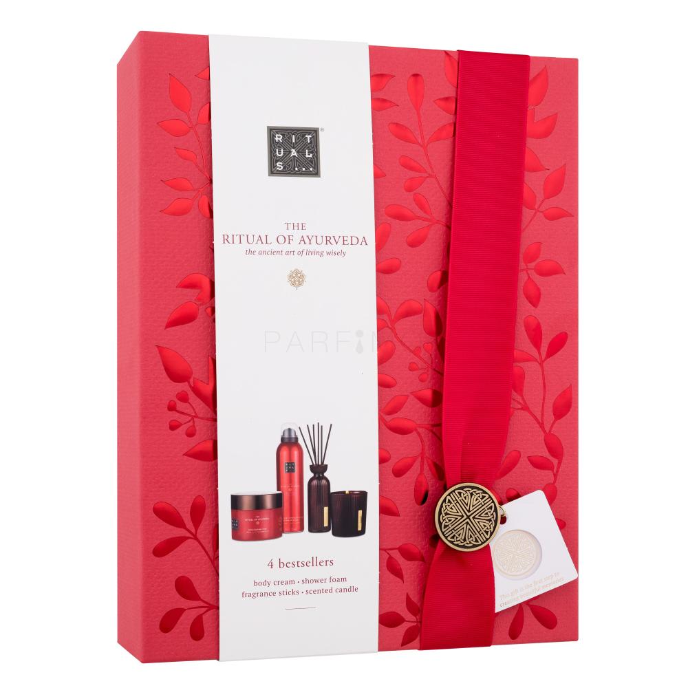Rituals The Ritual Of Ayurveda 4 Bestsellers Set cadou Spuma de dus The Ritual Of Ayurveda Harmonizing Foaming Shower Gel 200 ml + crema de corp The Ritual Of Ayurveda Balancing Body Cream 200 ml + lumanare parfumata The Ritual Of Ayurveda 140 g + betisoare parfumate The Ritual Of Ayurveda 70 ml