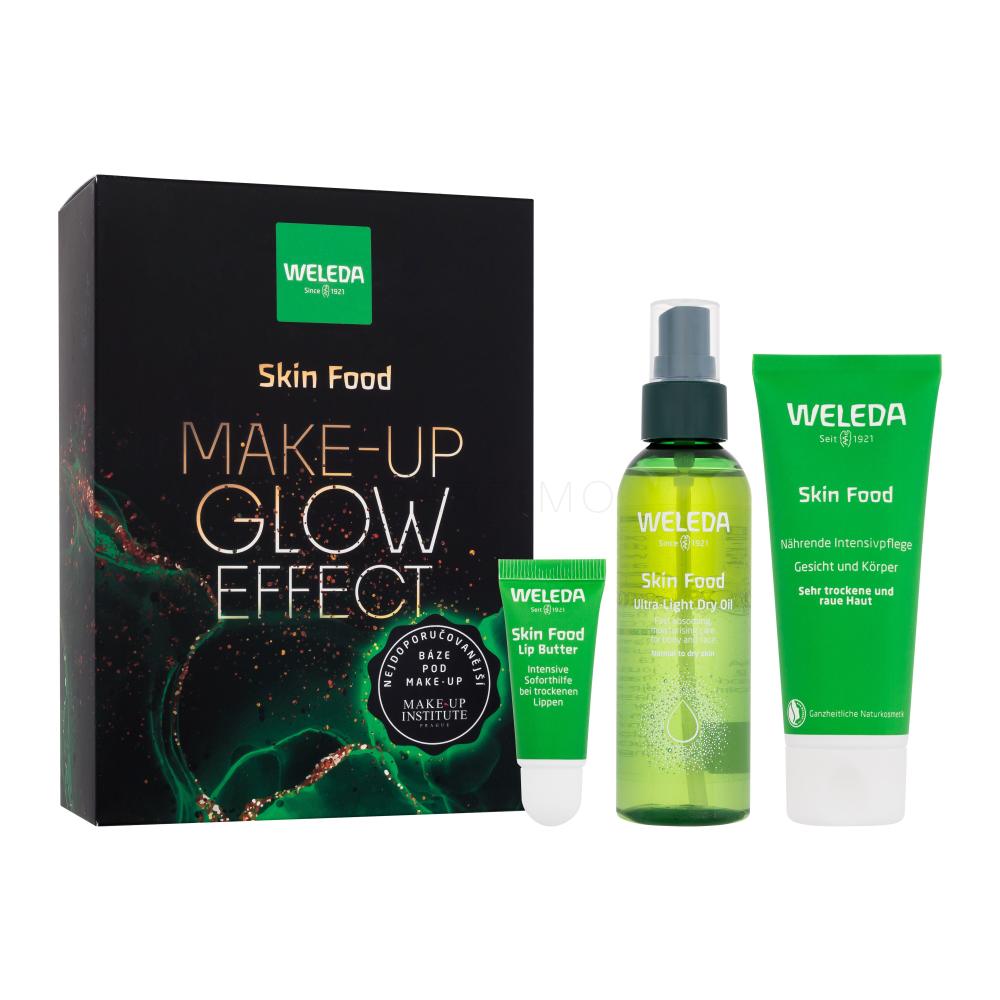 Weleda Skin Food Make-up Glow Effect Set cadou Balsam de buze Skin Food Lip Butter 8 ml + cremă de față și corp Skin Food 75 ml + ulei uscat Skin Food Ultra-Light Dry Oil 100 ml