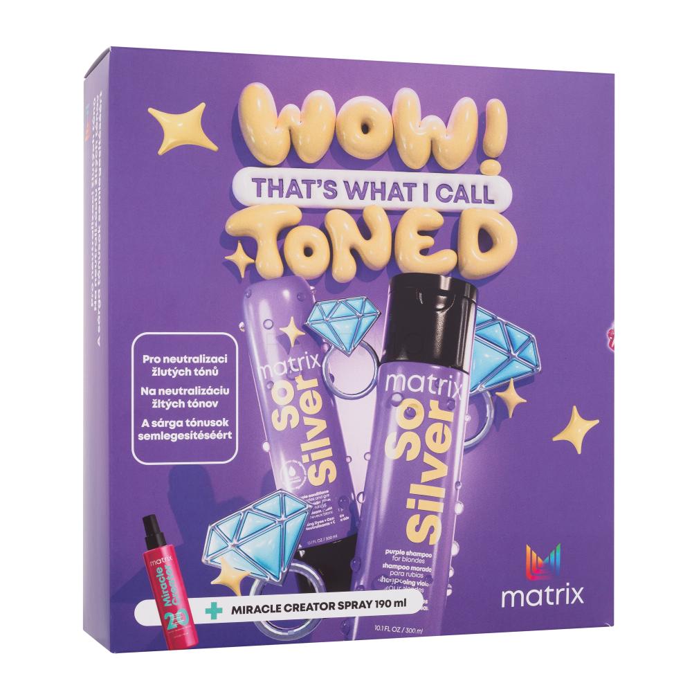 Matrix So Silver Set cadou Șampon So Silver Purple Shampoo 300 ml + Balsam So Silver Conditioner 300 ml + Spray de îngrijire a părului Miracle Creator Multi-Tasking Treatment 190 ml