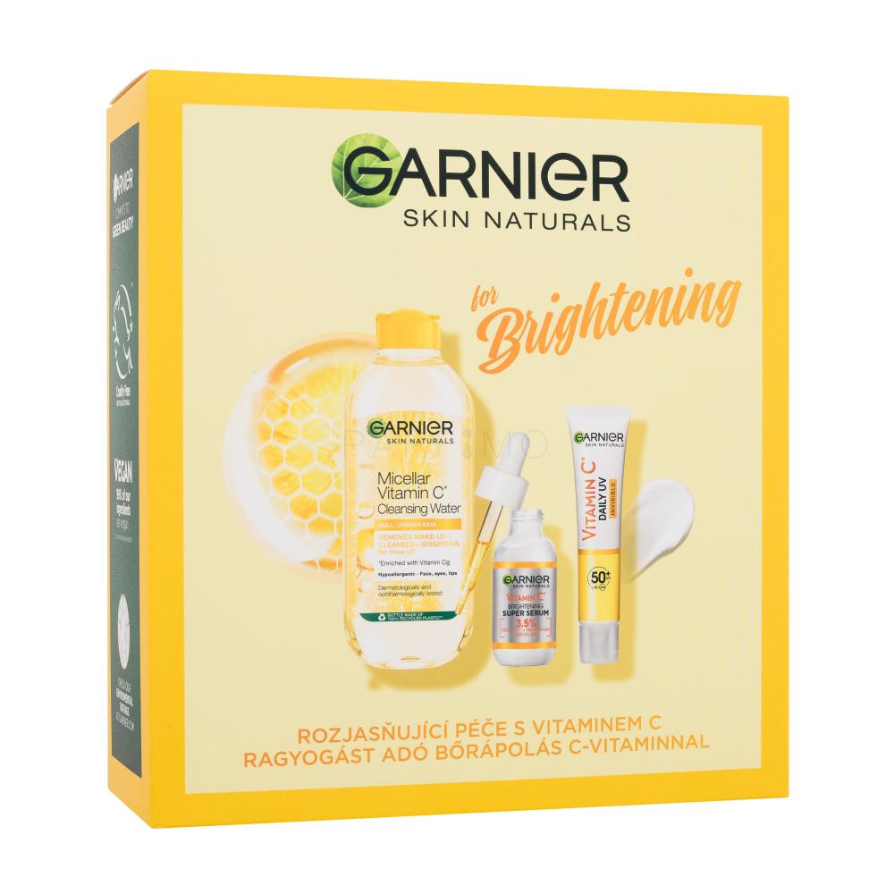Garnier Skin Naturals Vitamin C for Brightening Set cadou Ser pentru față Skin Naturals Vitamin C Brightening Super Serum 30 ml + apă micelară Skin Naturals Micellar Vitamin C Cleansing Water 400 ml + fluid pentru față Skin Naturals Vitamin C Daily UV SPF50 Invisible 40 ml