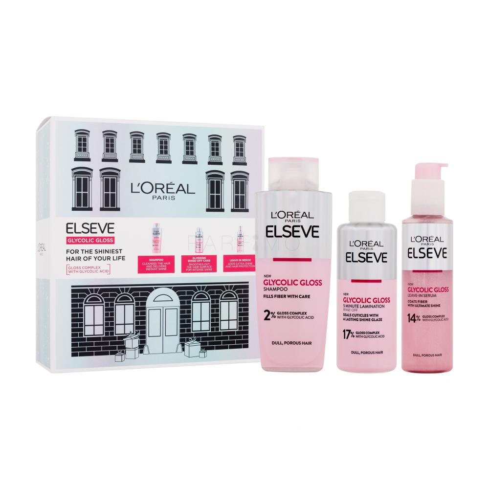 L'Oréal Paris Elseve Glycolic Gloss Set cadou Șampon Elseve Glycolic Gloss 200 ml + tratament pentru păr Elseve Glycolic Gloss 5 Minute Lamination 200 ml + ser pentru păr Elseve Glycolic Gloss Leave-In Serum 150 ml