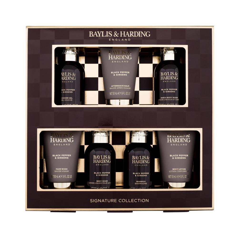 Baylis & Harding For Him Black Pepper & Ginseng Signature Collection Set cadou Gel de duș 2 x 100 ml + șampon 100 ml + gel de duș pentru corp și păr 100 ml + balsam după ras 50 ml + gel de curățare pentru față 50 ml + loțiune de corp 50 ml