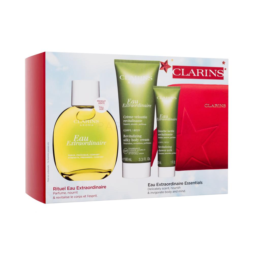 Clarins Aroma Eau Extraordinaire Set cadou Apă de îngrijire 100 ml + cremă pentru corp 100 ml + lapte de duș 30 ml + trusă cosmetică roșie