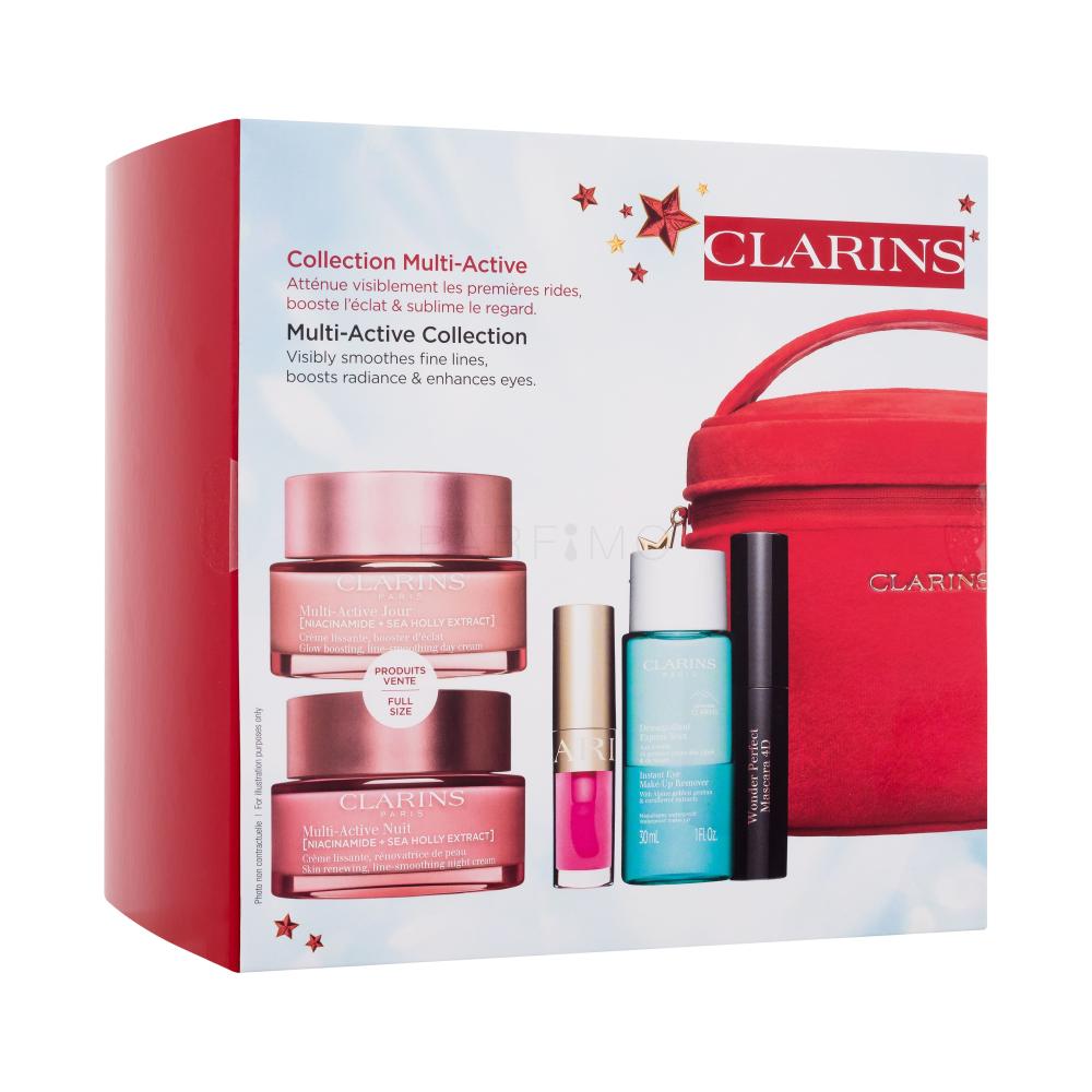 Clarins Multi-Active Collection Set cadou Cremă de zi Multi-Active Jour 50 ml + cremă de noapte Multi-Active Nuit 50 ml + ulei pentru buze Lip Comfort Oil 1,4 ml 04 Pitaya + demachiant pentru ochi Instant Eye Make-Up Remover 30 ml + rimel Wonder Perfect Mascara 4D 3 ml 01 Perfect Black + ser pentru 