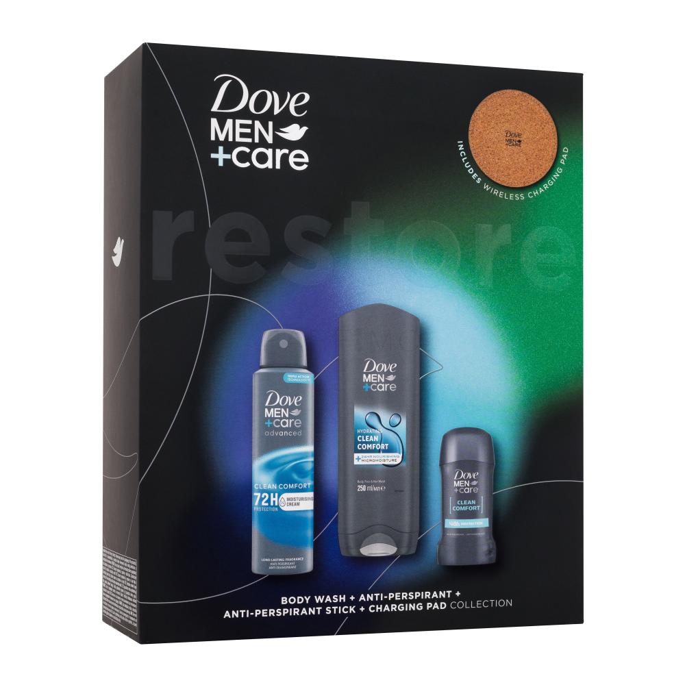 Dove Men + Care Clean Comfort Set cadou Gel de duș Men Care Clean Comfort 250 ml + antiperspirant spray Men Care Clean Comfort 72H 150 ml + antiperspirant solid Men Care Clean Comfort 48H 50 ml + suport de încărcare wireless
