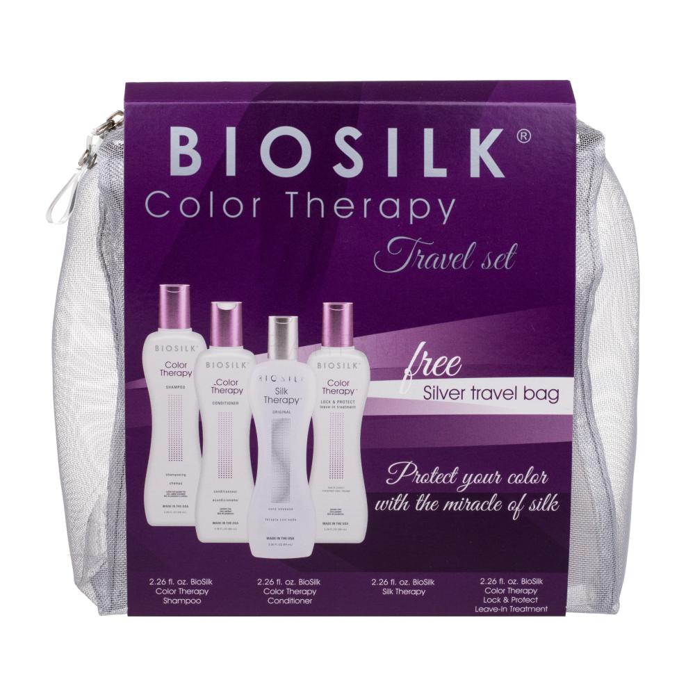 Farouk Systems Biosilk Color Therapy Set cadou Sampon 67 ml + Balsam de par 67 ml + Ser tratament Biosilk Silk Therapy Silk 67 ml + Ser protector Lock & Protect 67 ml + Borseta cosmetice