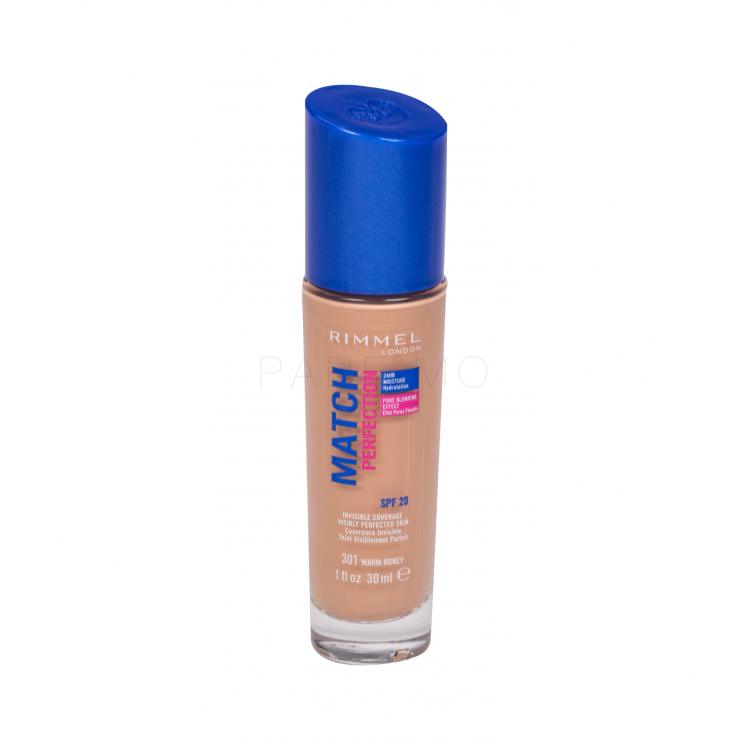 Rimmel London Match Perfection SPF20 Fond de ten pentru femei 30 ml Nuanţă 301 Warm Honey